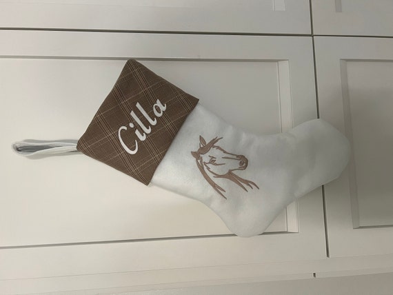 Customer photo of a pet with the Horse Christmas Stocking. Stocking Size