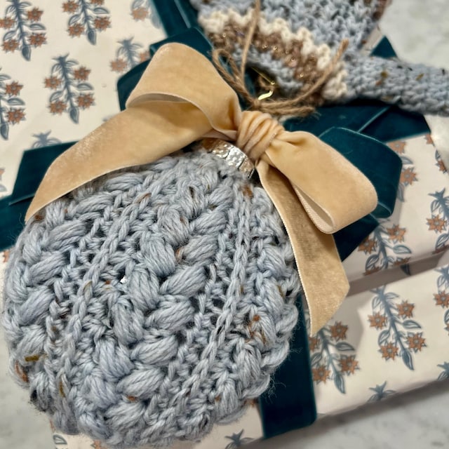 A customer's finished Autumn Wheat Bauble Ornament Crochet Pattern
