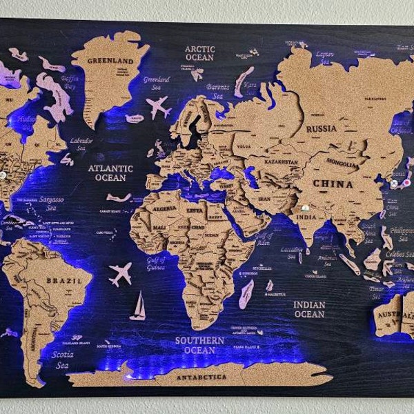Cork World Map, Push Pin Travel Map, Wooden Map, Cork Map Wall Art