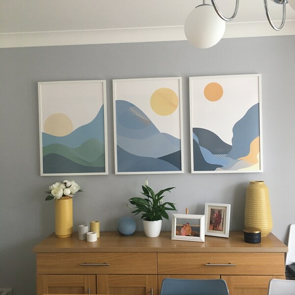 Navy Blue Mountain Forest Triptych. Nordic Landscape Art