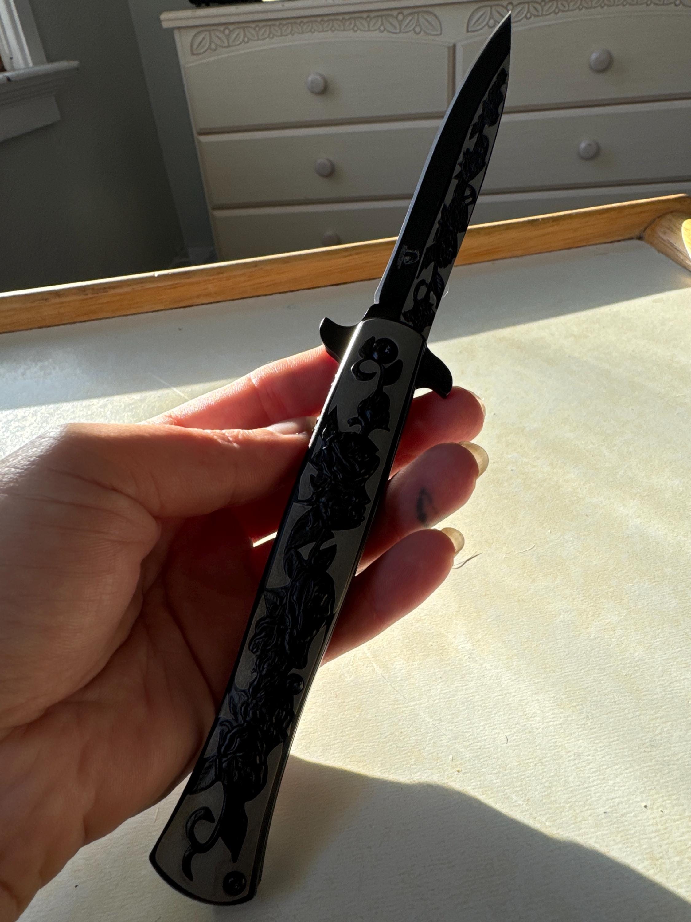 9” Black Rose Engraved Cute Spring Assisted Open Blade Folding Pocket Knife. Hunting, Camping, Cute Knife. Cool Knife.