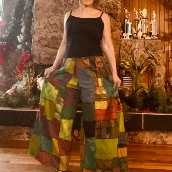 225522 Earthy Vintage Patchwork Palazzo Pants (Wildwoven Dream)