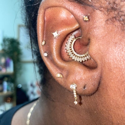 14k Solid Gold Heart Rook Earring Heart Rook Piercing Diamond Curved ...