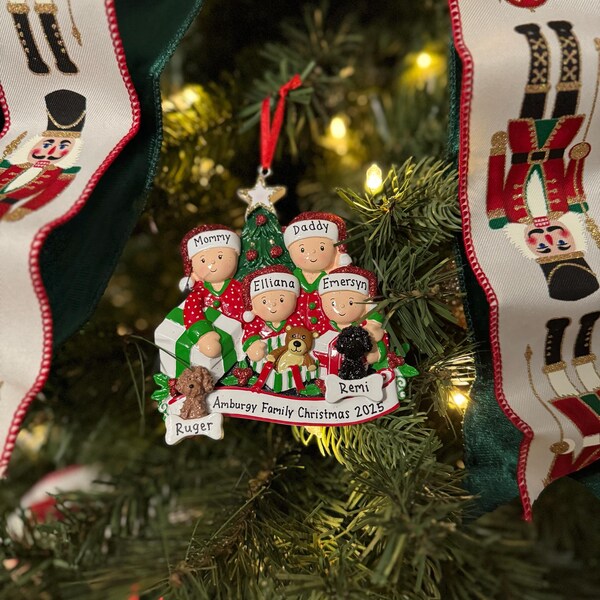 Family of Four Personalized Ornament With 2 Dogs, Cats or Bunnies Added ...