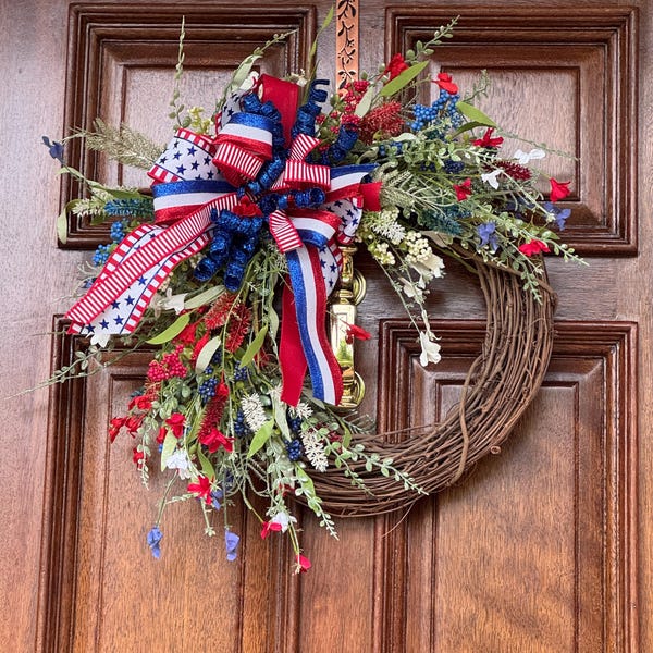 Patriotic Floral Grapevine Wreath for Front Door, Red White and Blue ...