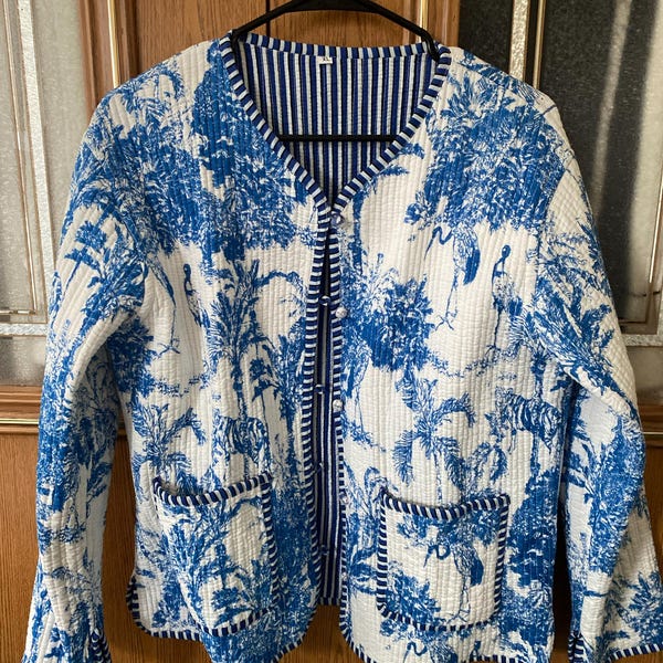 Blue and White Quilted Jacket Women Wear Stripe Piping Handmade Vintage ...