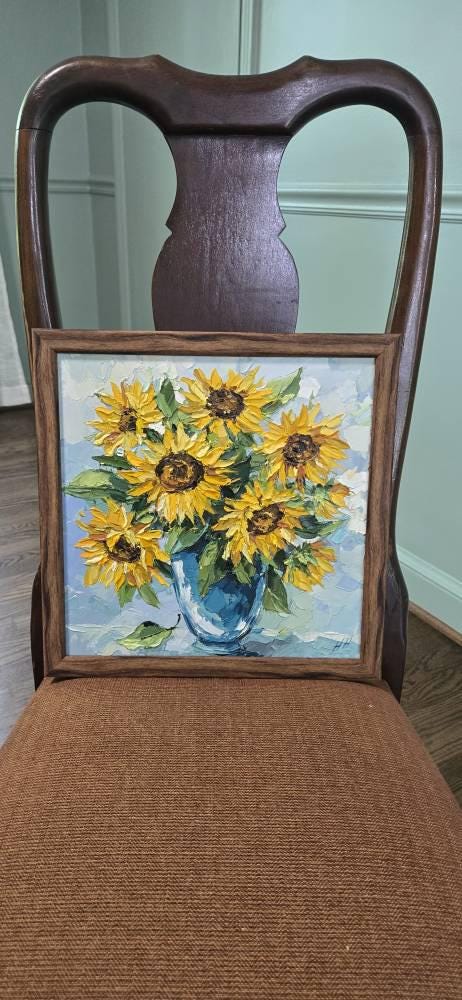 Buyer photo of Original Oil Painting sunflower bouquet, Impasto Palette Knife Floral Art, Bl...