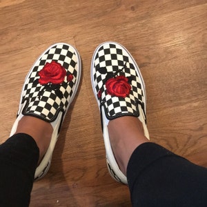 Checkered Slip on Vans Rose Embroidery Shoes Sewn on Rose - Etsy