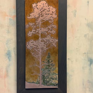 Copper Art, Etched Copper Pine Trees, Set of Two Small, Medium, or