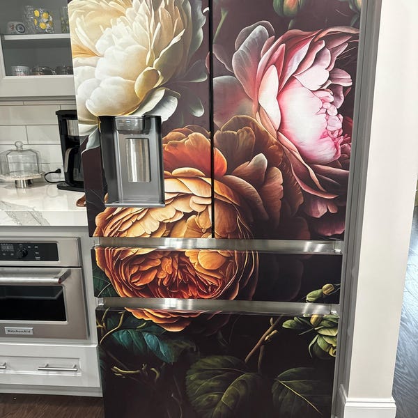Floral Fridge Wrap Vintage Refrigerator Wrap Vinyl Side by Side Black ...