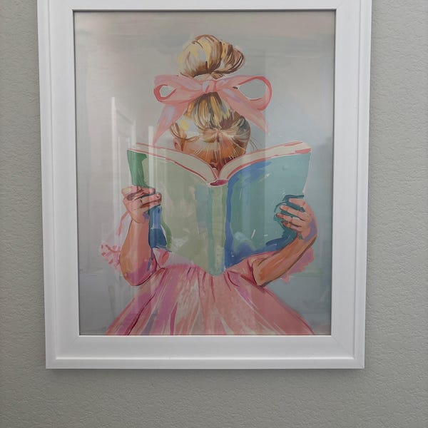 Tween Girl Reading Pink Book Wall Art Print | Blue Book Lover Painting ...