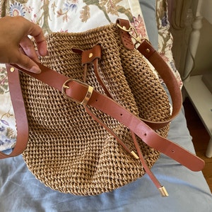 Raffia Drawstring Bag, Natural Bucket Raffia Bag, Shoulder