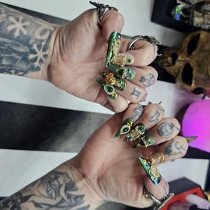 Unique Design 3D Angel Long Stiletto Press On Nails,Custom Chrome gold & Green gem Luxury Nails for Christmas Birthday Vacation Holiday Gift