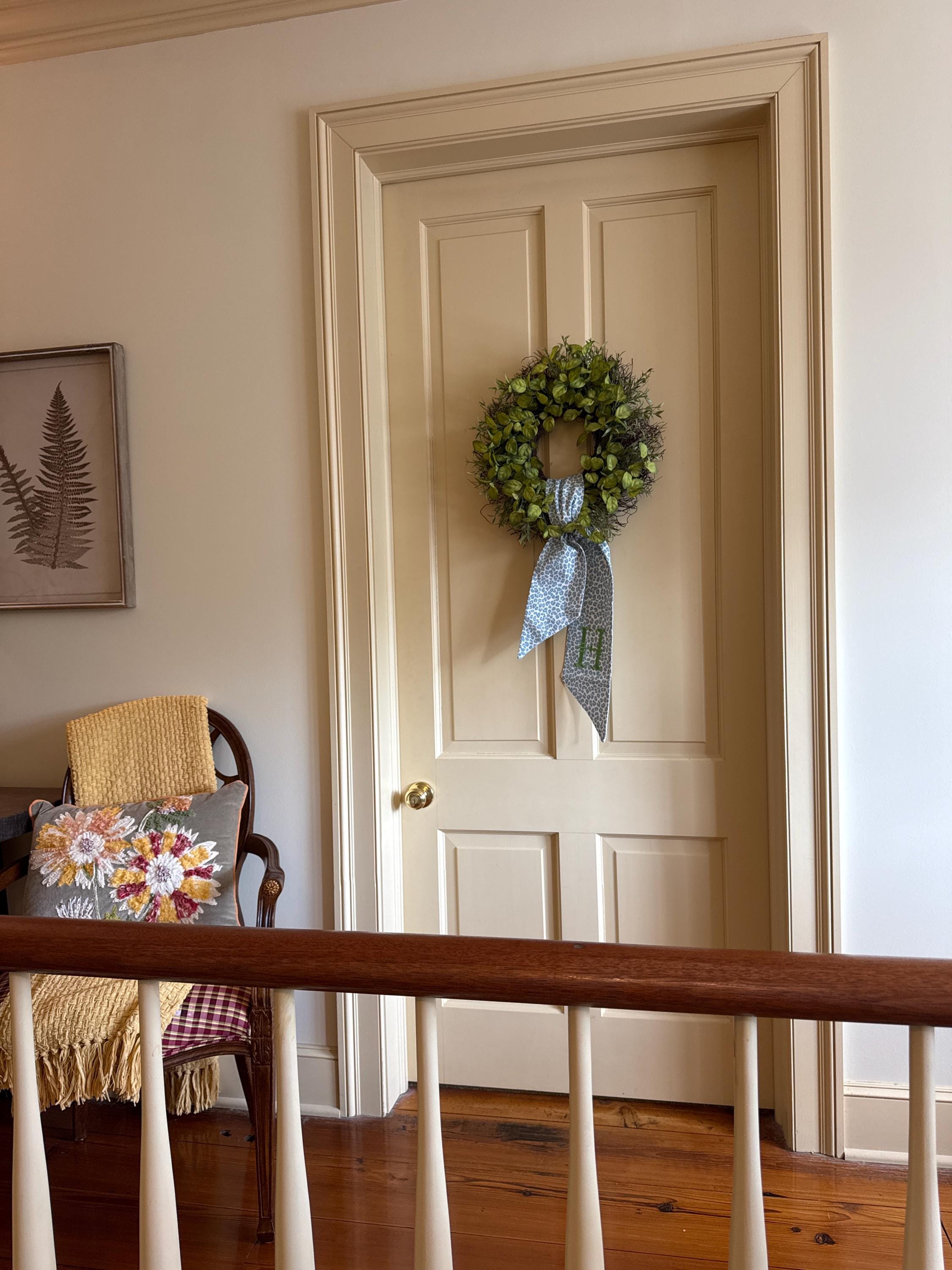 Monogram chinoiserie blue leopard wreath sash for front door, personalized embroidered spring wreath sash, custom wedding bridal shower gift