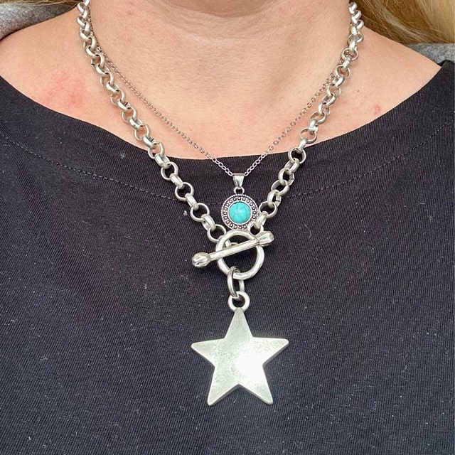 Star T Bar Chain Necklace - Antique Silver Plated Toggle