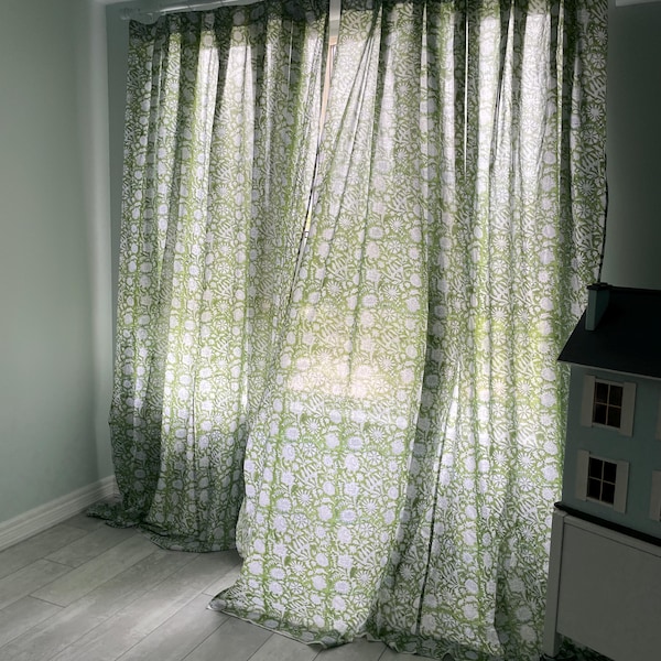 100 Cotton Blue, White and Green Block Print Fabric by the Yard