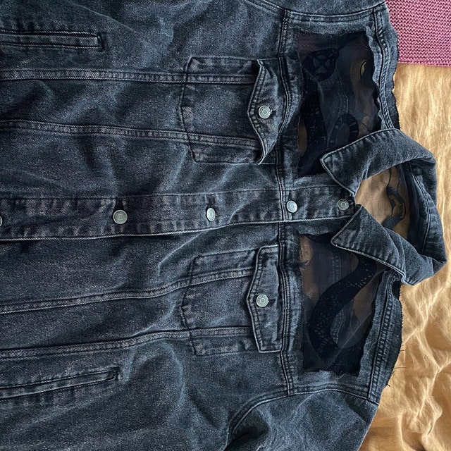 Oversized Custom Denim Black Jean Snake Jacket With Sheer