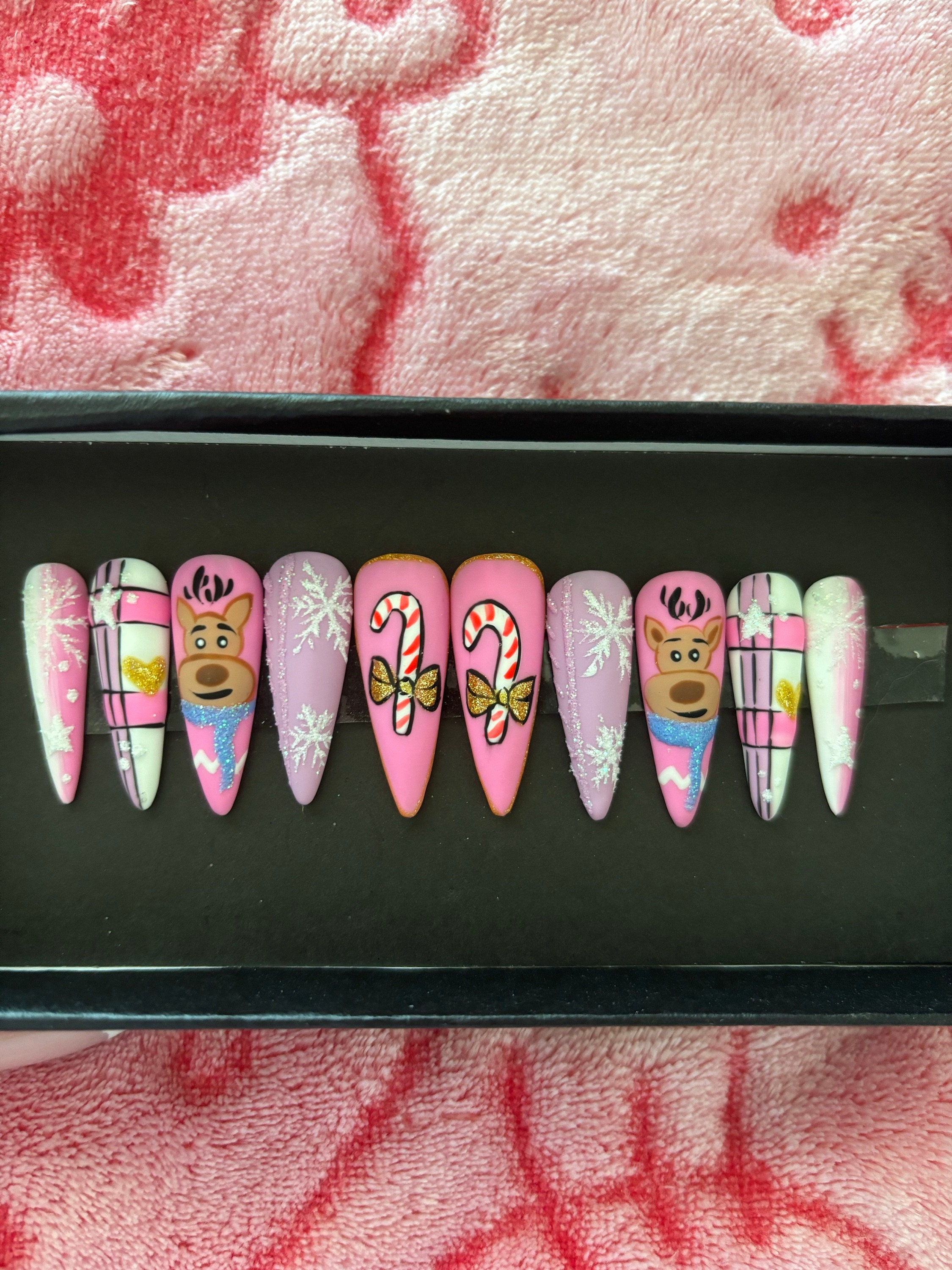 Christmas Reindeer Press On Nails | Pinky Fake Nails | Luxury Stiletto Nail Set | Matte Elegant Gift Nails K174