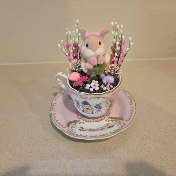 Needle Felted Bunny Figurine With Flowers, Handmade Wool Spring Decor ...
