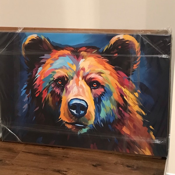 Colorful Grizzly Bear Oil Painting Print on Framed Canvas Wall Art Home ...