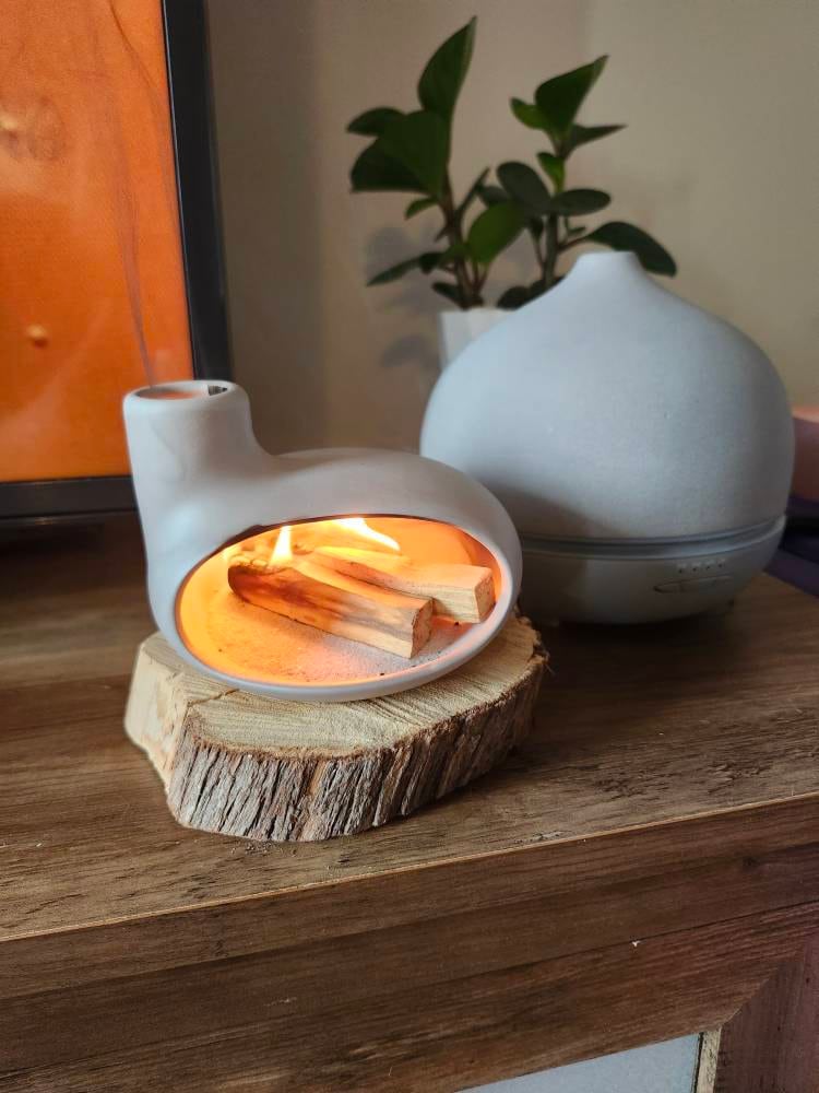 Palo Santo Holder & Matchstick Holder Set, Cone Incense Burner, Handmade Modern Ceramic Chiminea Incense Holder, Meditation Gift