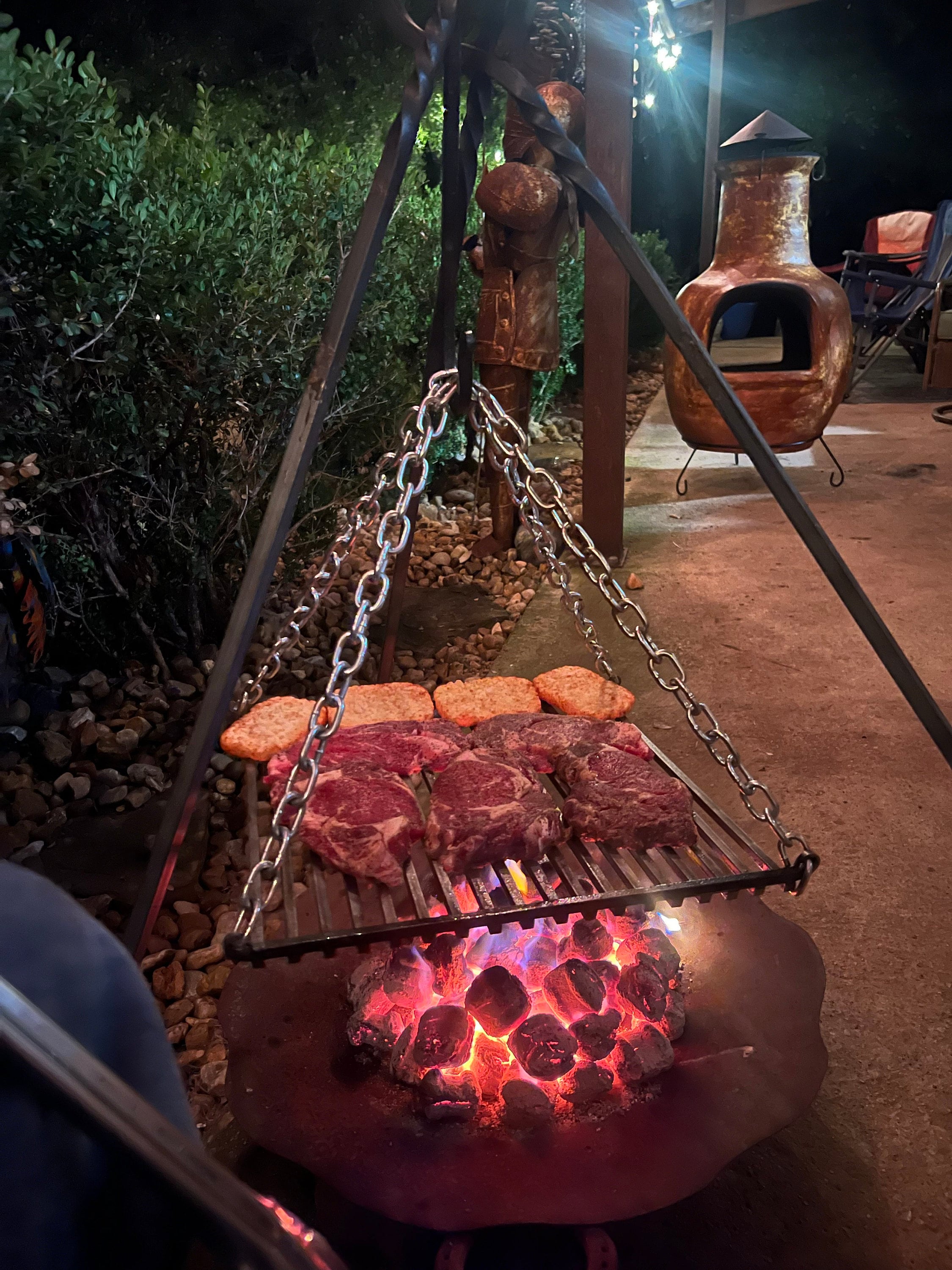 HAND FORGED  hanging GRILL campfire cooking heavy duty hanging for tripod