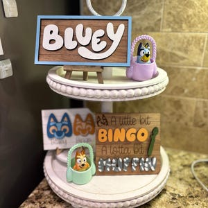 Bluey Themed Wooden Signs | Bluey Tier Tray | Bluey Birthday Decorations | Birthday Table | Nice Parking Spot Rita | Bingo Bluey Heeler