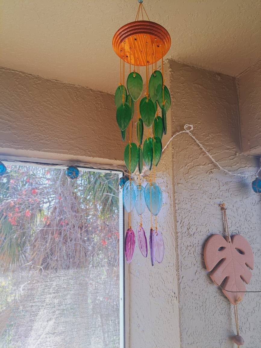 Rainbow colored Glass Leaves Wind Chime, Free Shipping.  Personalized Card on Request. Gift for  Mother. Father, Mom or Friend. Upcycle Art.