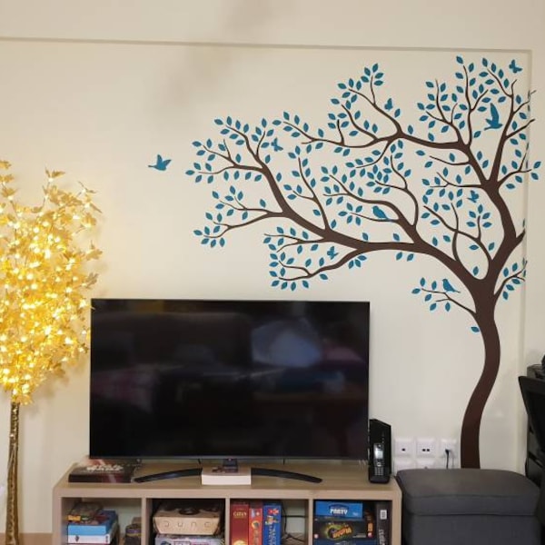 White Tree Wall Decal Huge Corner Tree With Leaves and Birds Nursery ...