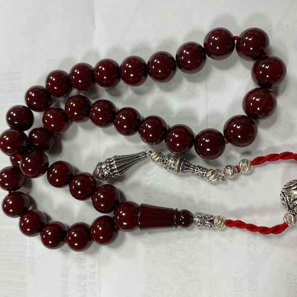 Luxury Islamic Tesbih Real Amber & Sterling Silver with 33 Count Large Orange Oval Beads