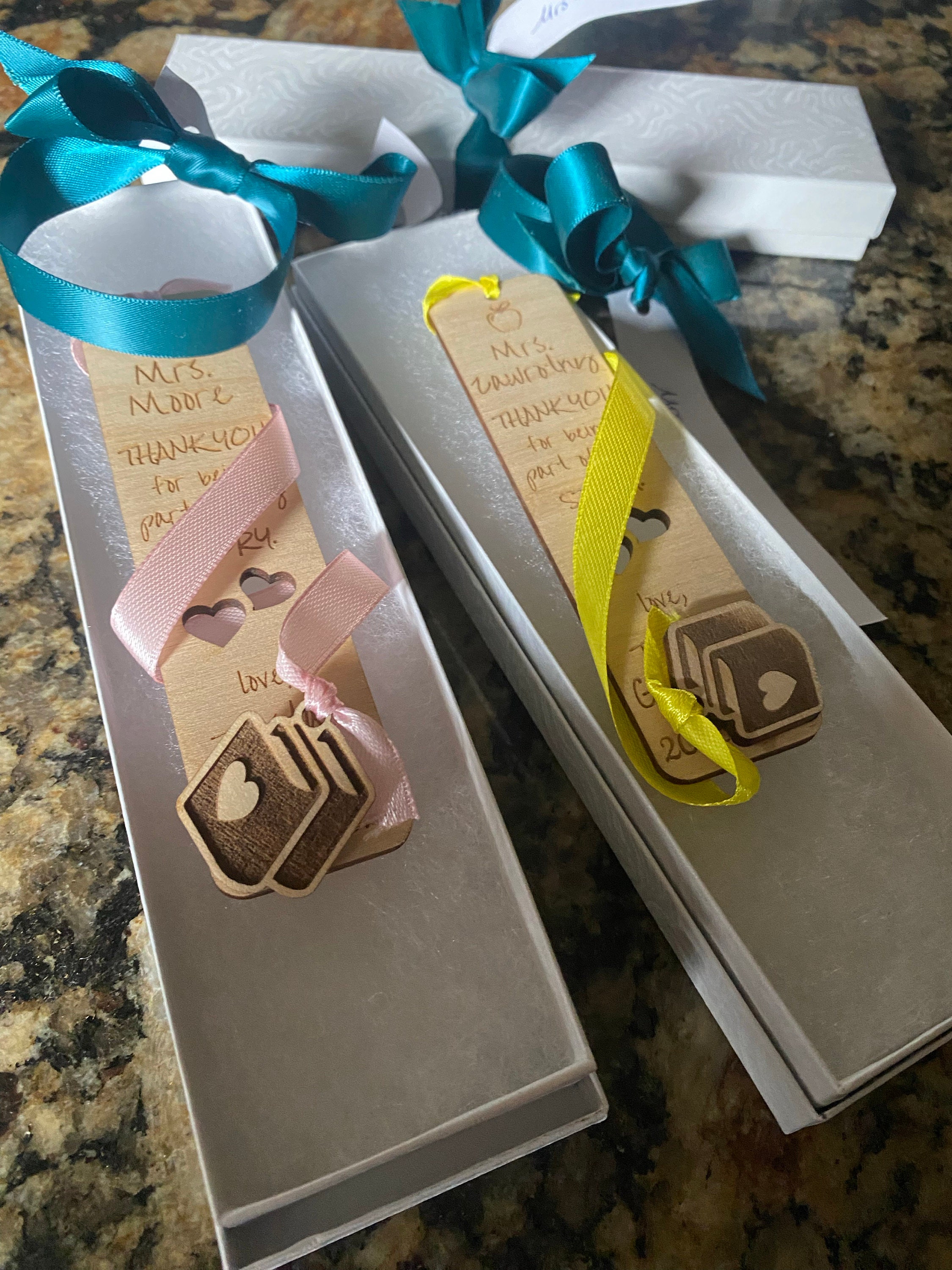 Teacher Appreciation Gift Personalized Thank You Wooden Engraved Bookmark with charm, gift boxed ready to give