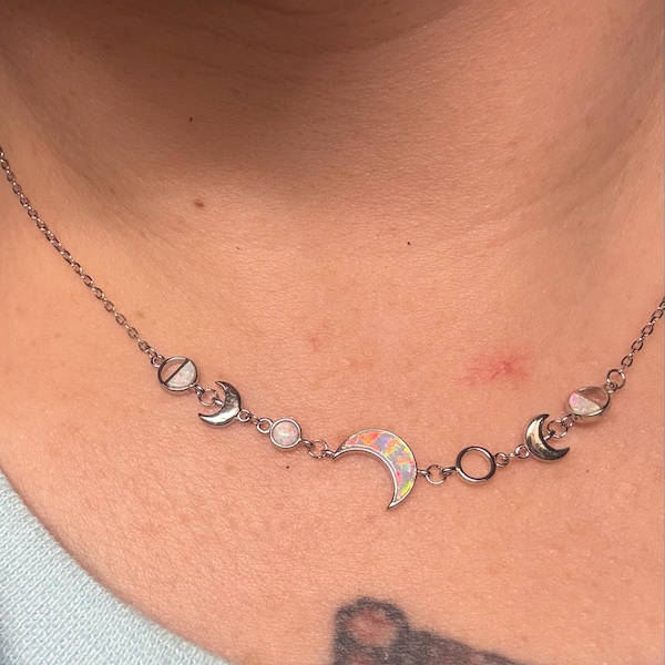 White Opal Moon Phases Necklace, Fire Opal Crescent Moon Sterling ...