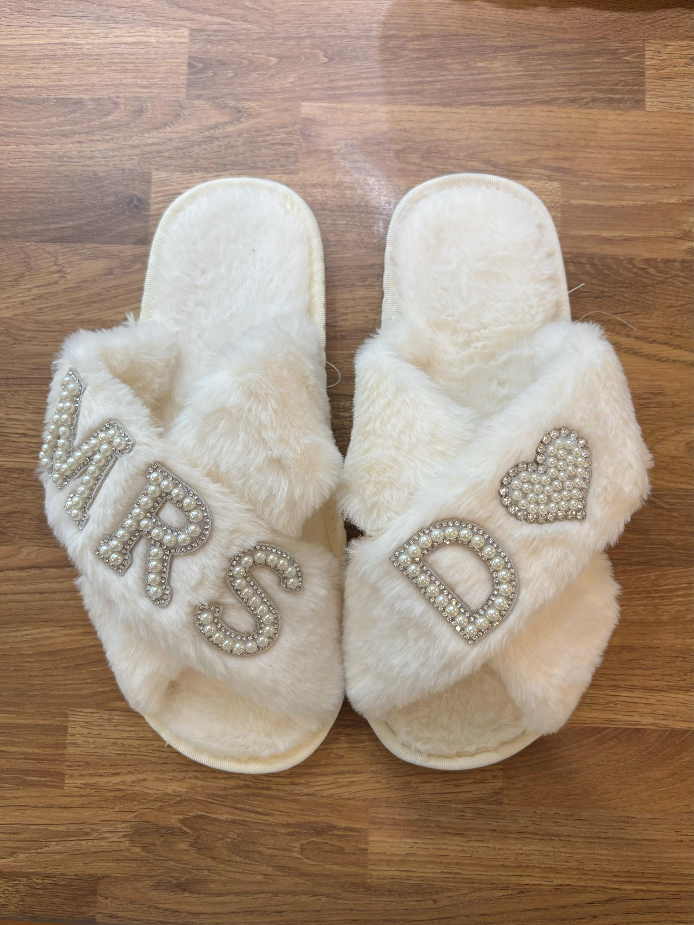 Bridal Mrs Wedding slippers, Custom Mrs Fluffy Slippers with pearls letters, Bridal Shower Gifts, Gifts For Her, Bridal Slippers, Slippers