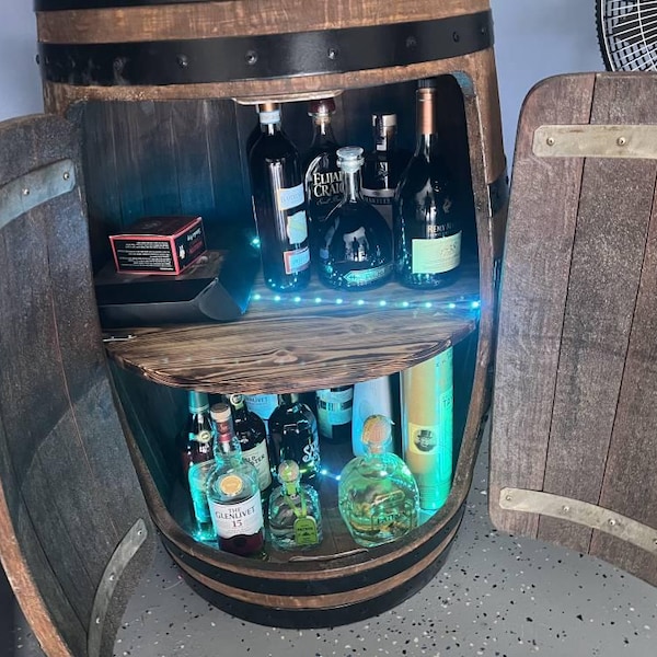 Authentic Whiskey Aged Barrel Cabinet W/ LED Lights | Available Half ...