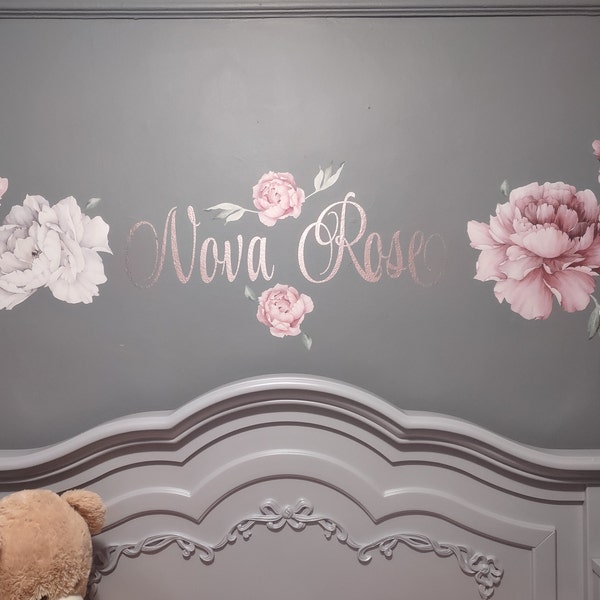 Peony Flowers Wall Sticker With Name - Personalized Peony Wall Decal ...