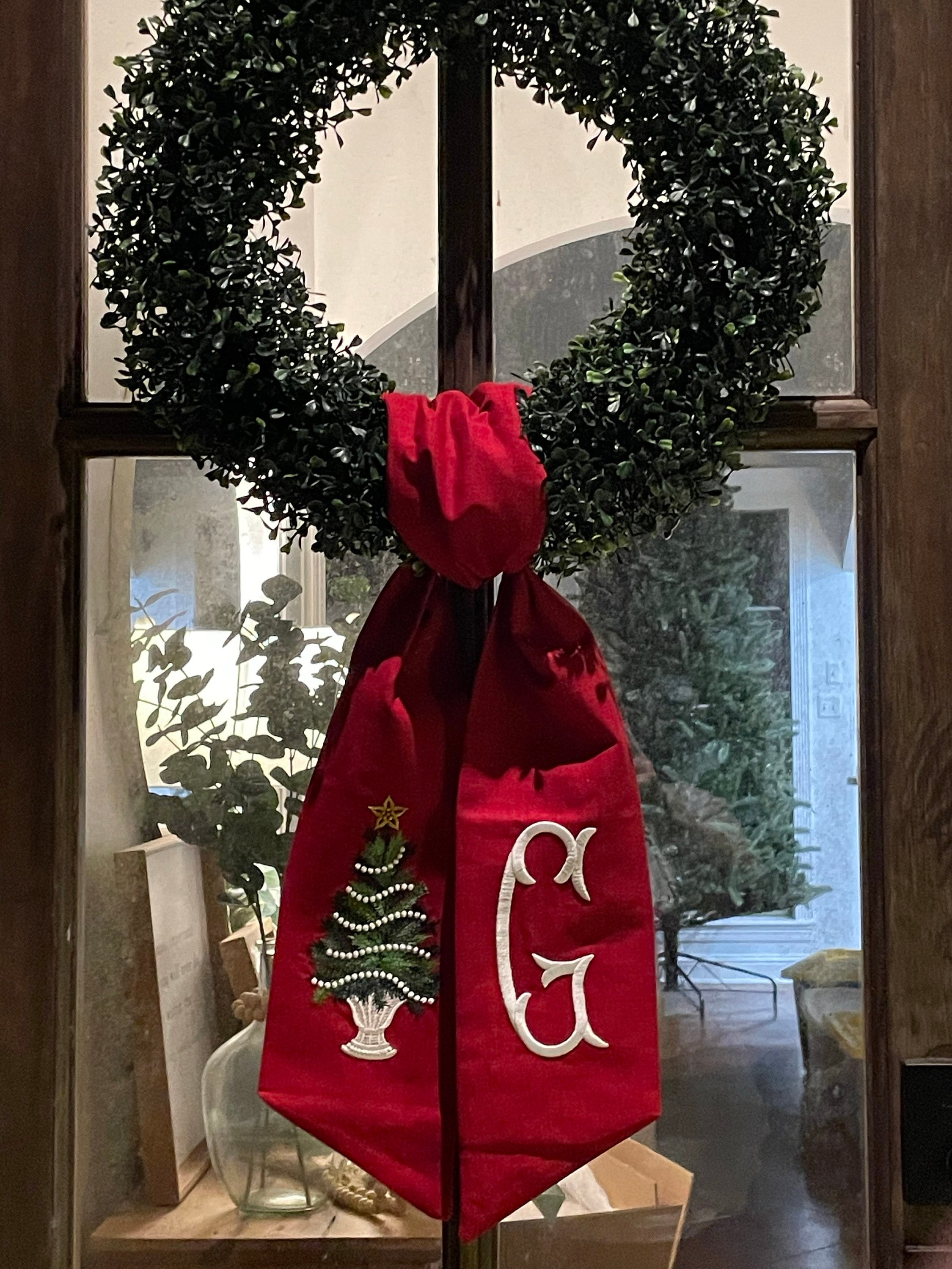Emerald Green XL Christmas Tree Wreath Sash with Monogram, Wreath Bow, Front Door Christmas Decoration