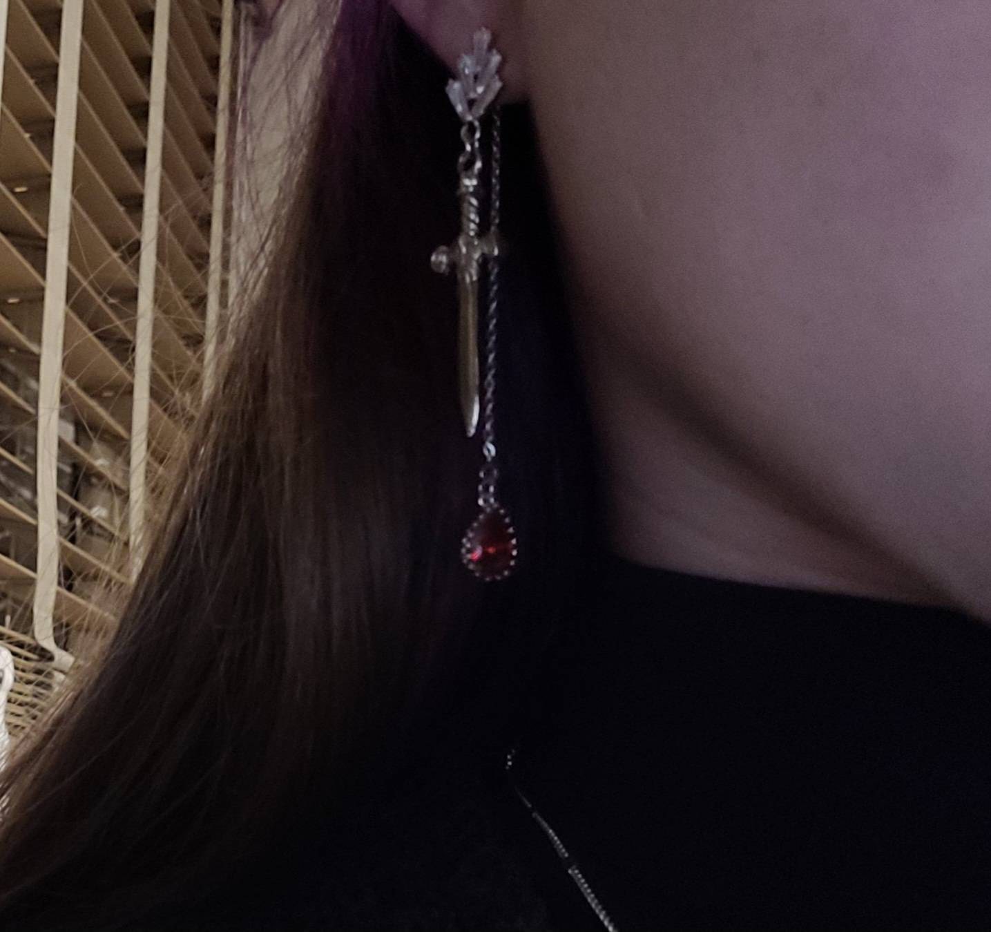 Sword and Blood Drop Dangle 2 Way Earrings / Gold,Silver, Black Deep Red Teardrop Earrings