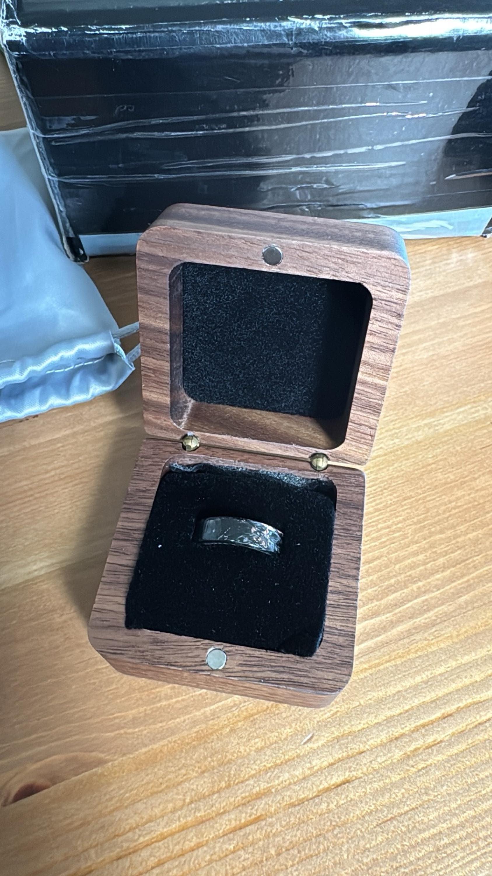 Polished Copper Chopped Carbon Fiber Lined With Damascus Steel. Forged Carbon Fiber. Men's Black Wedding Ring. Exclusive Men's Wedding Band.