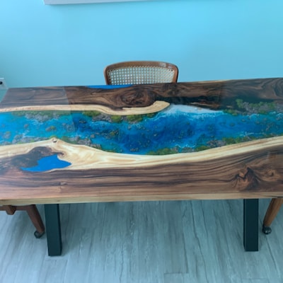 Personalized Breathtaking Scenery Epoxy Resin Table, Customized Live Edge Epoxy Resin Dining ...
