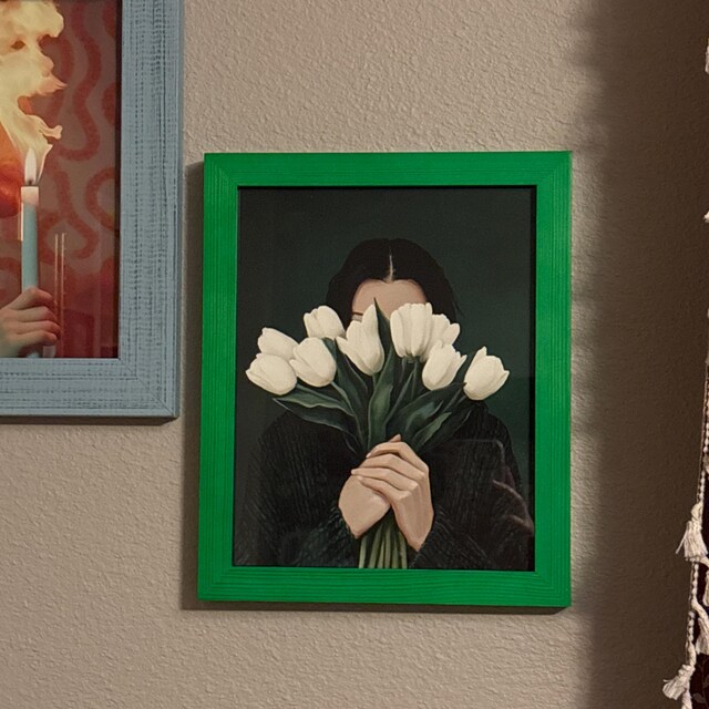 Emerald Green Woman With Tulips Art Print: Minimalist Japandi