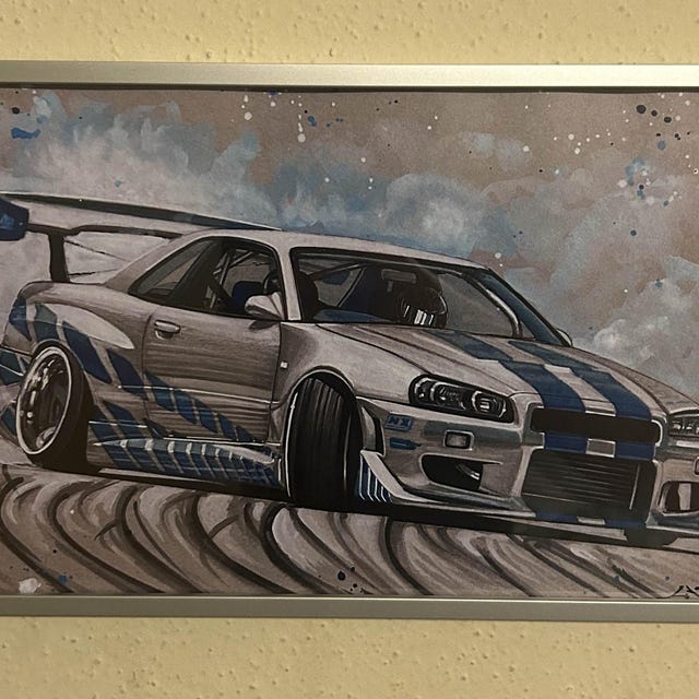 日産スカイライン R34 ドリフトアートプリント：水彩画カーポスター