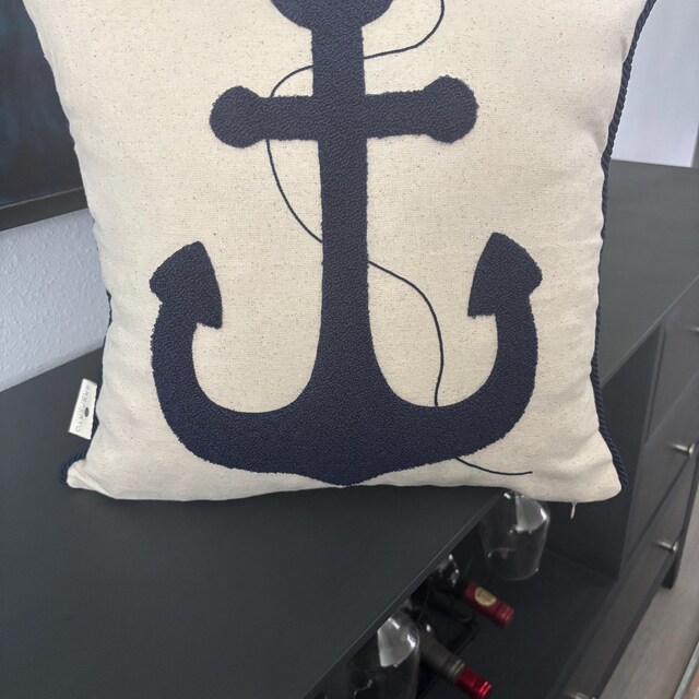 Navy Anchor Pillow Cover 16x16, Nautical Coastal Cushion, Handmade