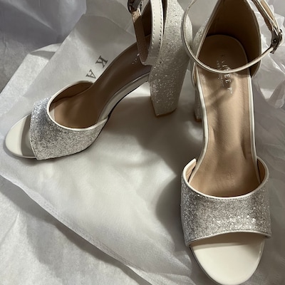 White Rock Glitter Block Heel Sandals With SATIN BACK BOW Women Wedding ...