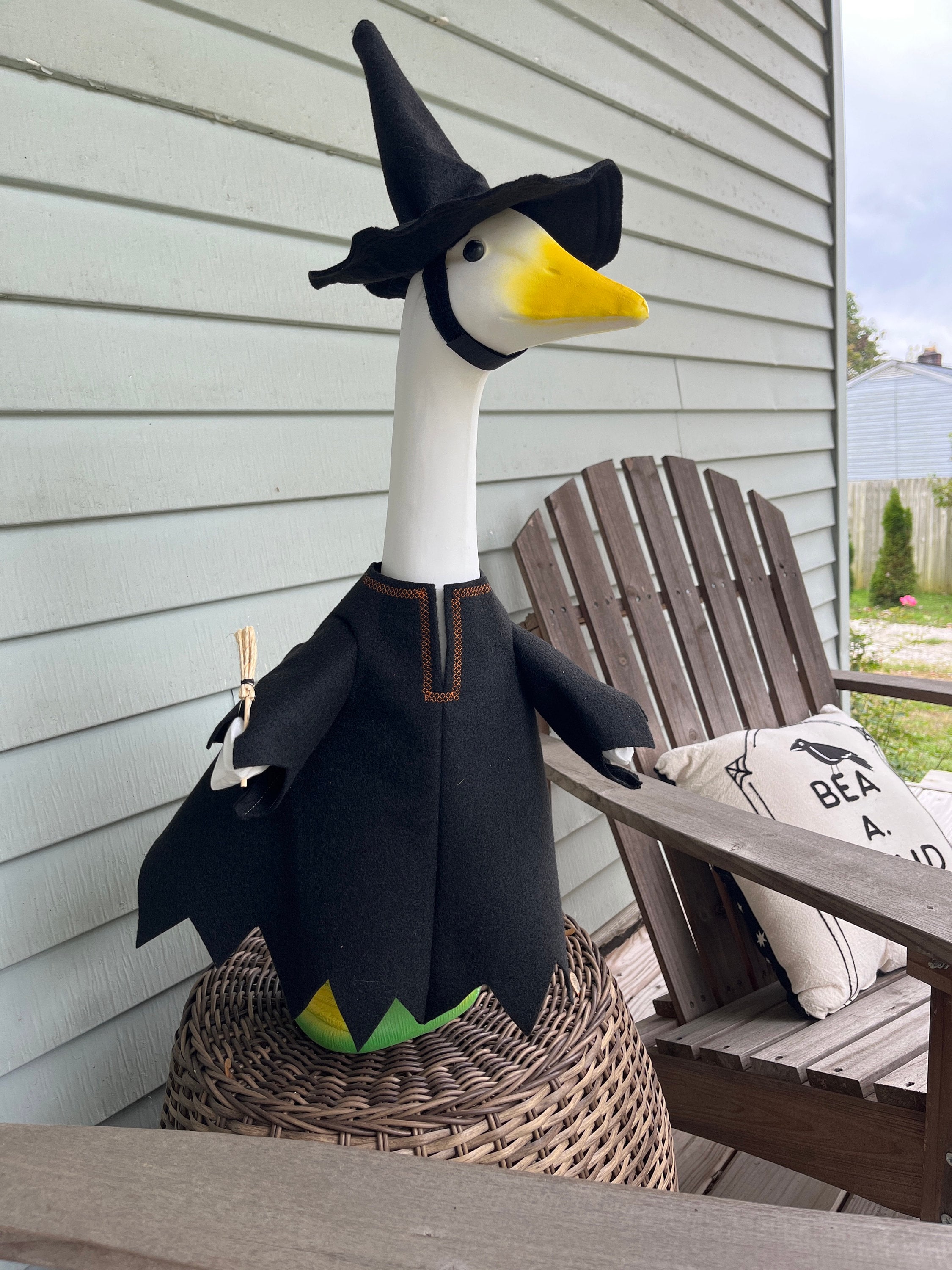 Porch Goose Clothes - A Real Witch Outfit "with Broom" in Black Felt for 23 to 25 inch Plastic or Concrete Lawn Goose - Handmade by Me