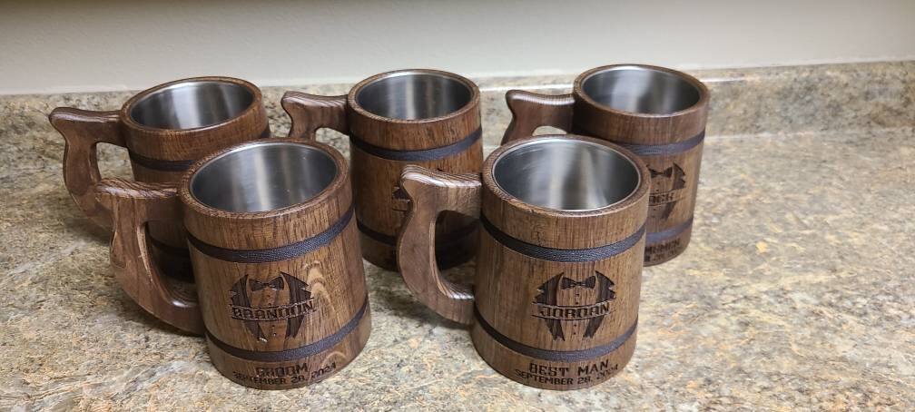 Personalized Groomsmen Beer Mug Custom Wooden Stein, Customizable Best Man Gift from Groom Engraved Wood Tankard, Wedding Gift for Father