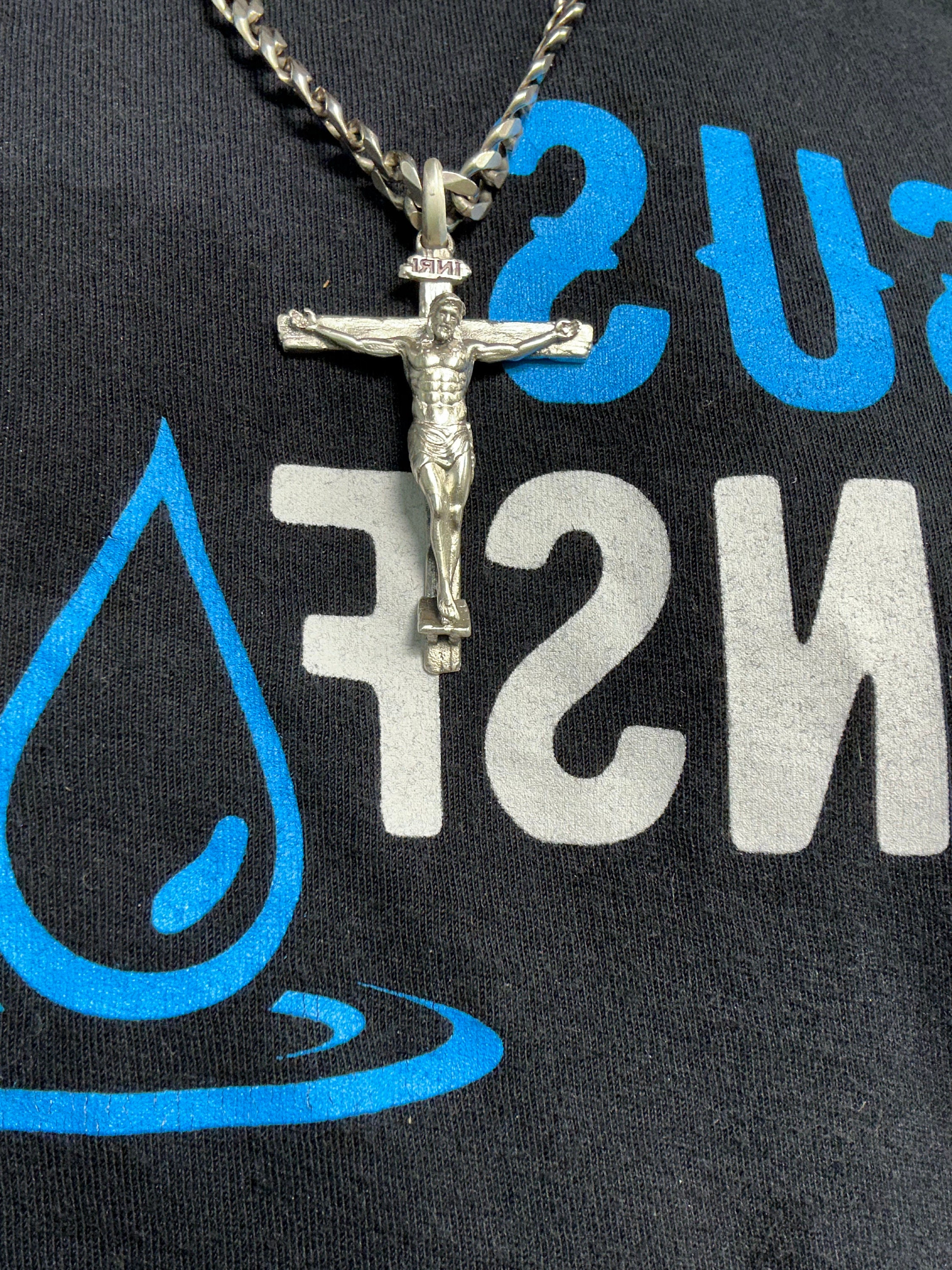 Handmade Silver Jesus Crucifix Necklace,3D Jesus Relief Cross Savior Pendant,Engraved Jesus Religious Charm,Silver Man Necklace,Gift For Men