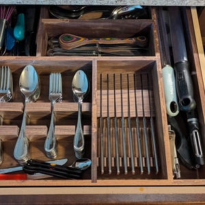 Custom Kitchen Drawer Organizer with individual cut outs for utensils and knives - Custom Made from Solid Maple or Walnut