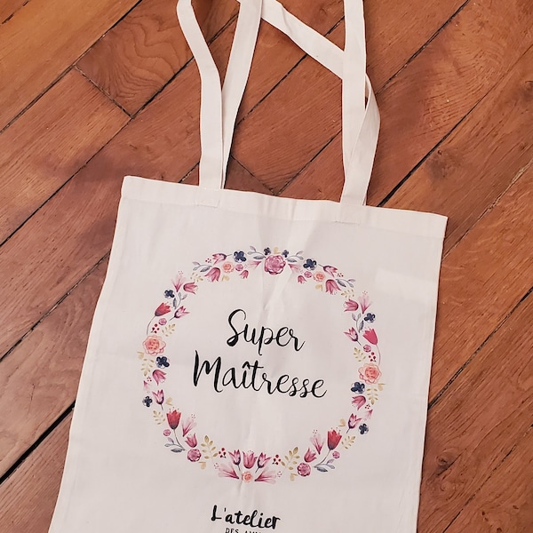 Tote Bag Brodé Maîtresse En Or – Sac Cabas Merci Maîtresse Fin D’Année Scolaire 100% Coton Poche