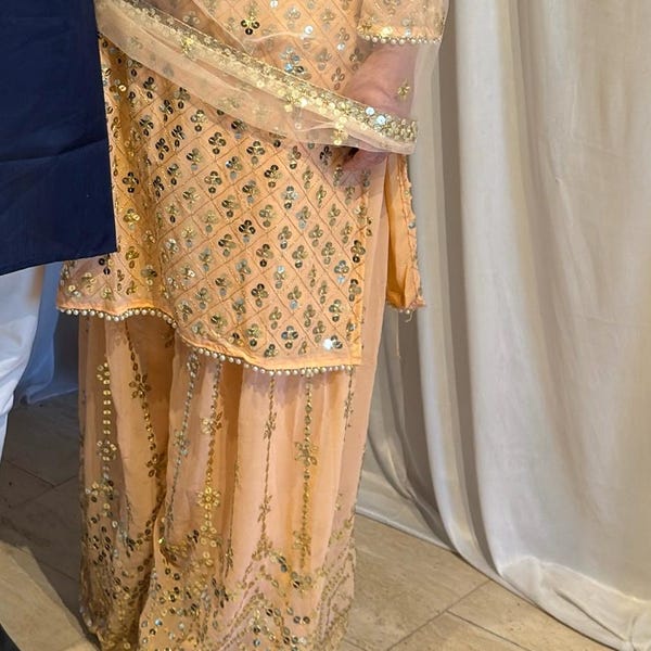Resham Embroidered Nyraa Style Georgette Kurta Palazzo & Dupatta Set