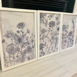Blue Botanical Wall Art Chinoiserie Wall Art, 3 Piece Wall Decor Minimalist Wall Art, Botanical Print Set, Printable Wall Art Digital Art